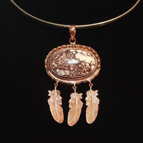 Horse Jasper Pendant with Copper Feathers NWOT - Picture 2 of 2